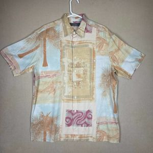 Tori Richard‎ Shirt Adult Large Tan Beach Print Short Sleeve Button Up Silk Mens